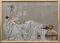 Wanda Adamczyk (Polish, contemporary) a study of a lady laying on a chaise lounge with fan and book,