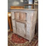 18th Century bleached oak three door buffet or court cupboard with linen fold and bird carved