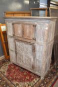 18th Century bleached oak three door buffet or court cupboard with linen fold and bird carved