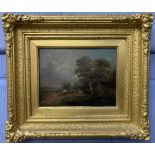 British School, 19th century, rural landscape with staffage, oil on canvas,6.5x7.5ins, gilt framed.