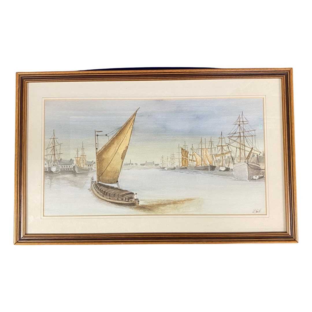 British School, 20th century, shipping estuary scene, watercolour, indistinctly signed, 9x17ins,