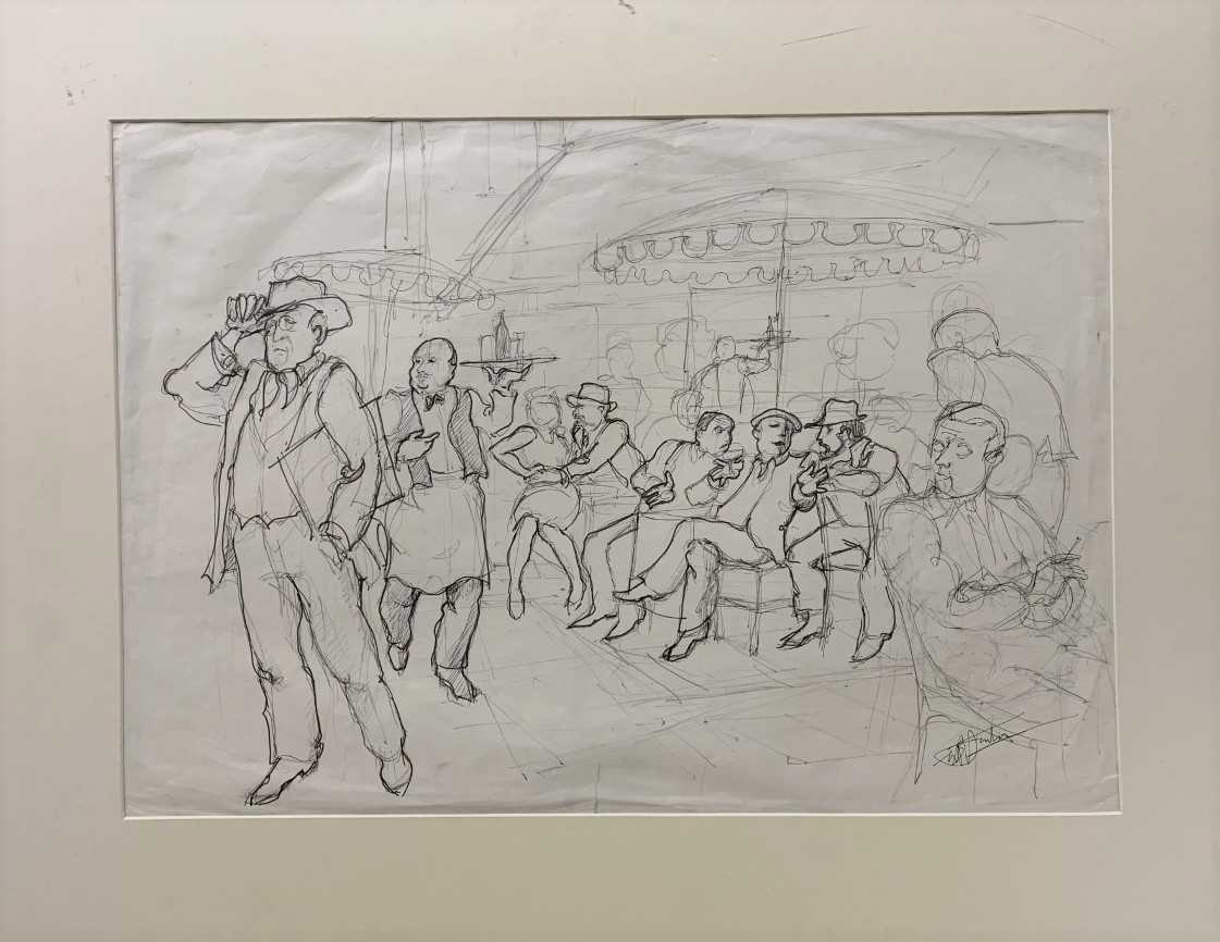 Brian Hinton (British, 20th century), Parisian figures, pen and ink study on paper laid on laid,