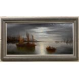 William H.Day (British, 19th century), shipping scene by moonlight, oil on canvas,11x23ins,