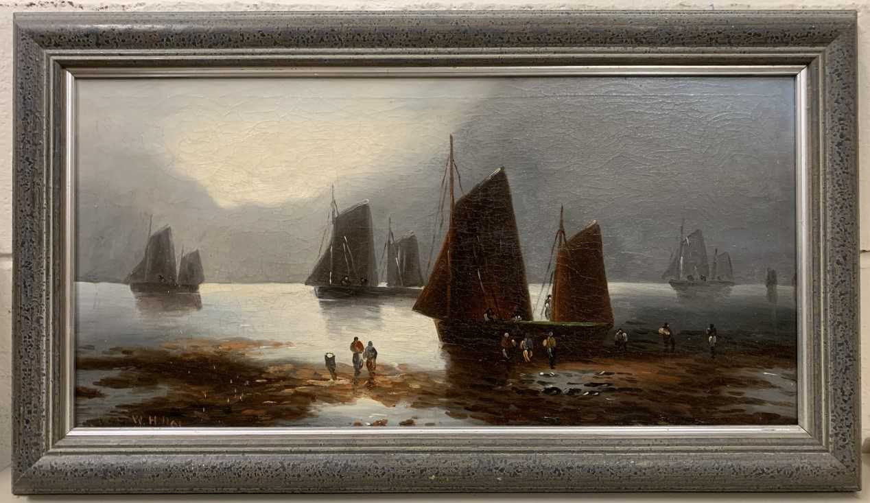 William H.Day (British,19th century), coastal / shipping scene, oil on canvas,11x23ins, signed,