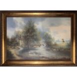 British School, 20th century, English landscape with a watermill, oil on board,19x29ins, gilt