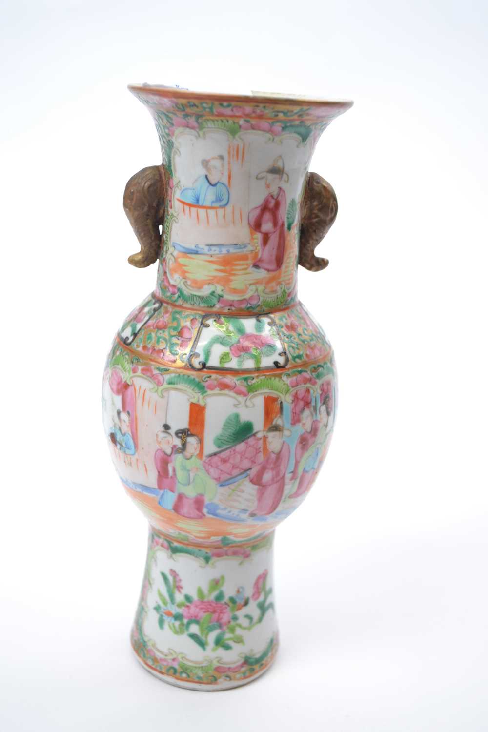 Cantonese porcelain vase decorated with polychrome designs of Chinese figures in typical settings,