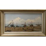 James Wright (1945 - ) fishing boats at rest, oil on board, signed, 9.5x19ins, framed.