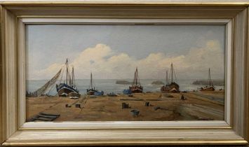 James Wright (1945 - ) fishing boats at rest, oil on board, signed, 9.5x19ins, framed.
