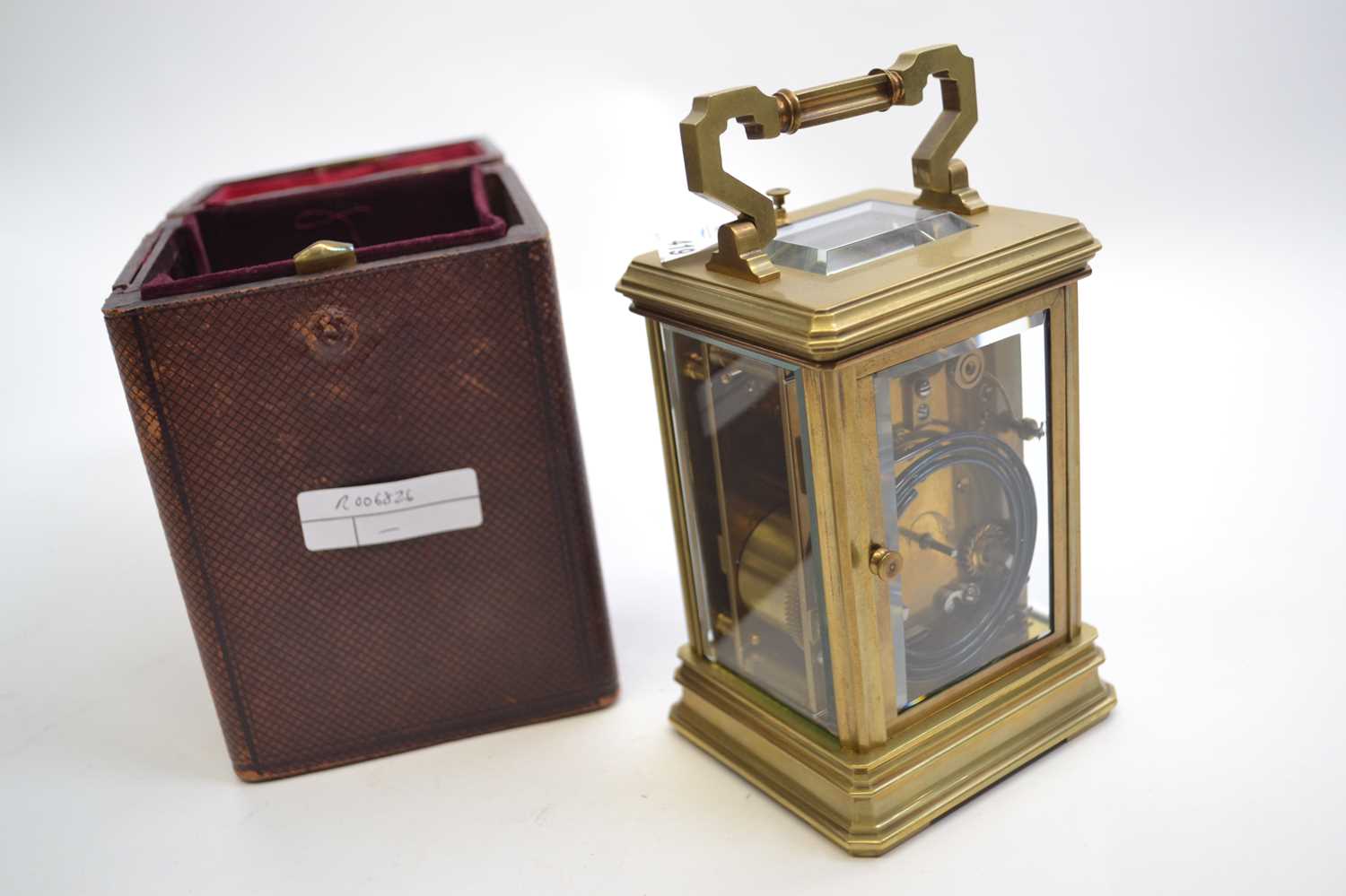 Large early 20th Century carriage clock and case with white enamel dial - Image 2 of 2