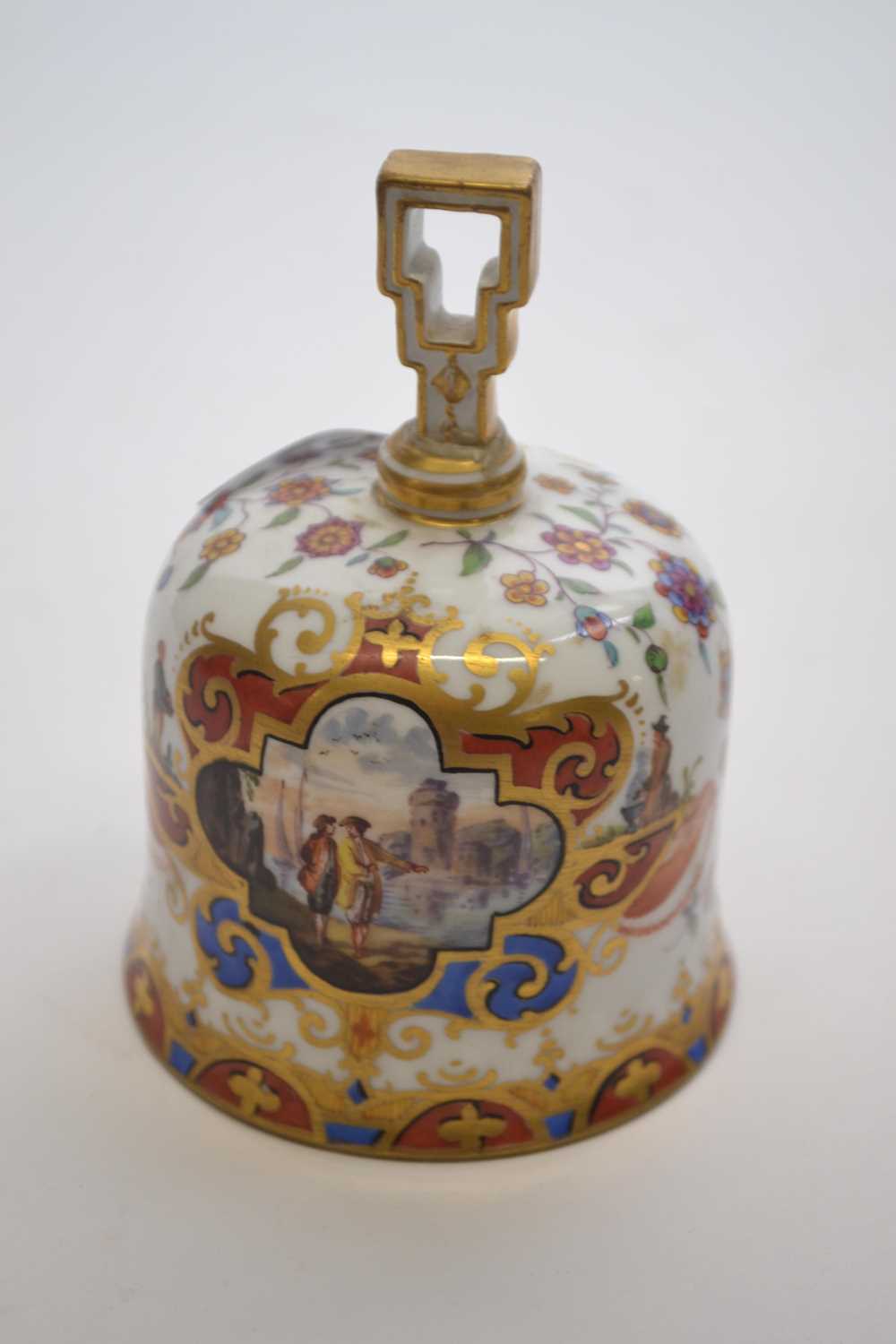19th Century Dresden table bell decorated in Meissen fashion, blue AR mark to base (handle re-