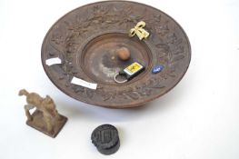 Carved wooden dish with epoxy model of a foal and other items