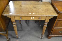 Victorian faded mahogany single drawer side table on turned legs and casters, 91cm wide