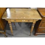 Victorian faded mahogany single drawer side table on turned legs and casters, 91cm wide