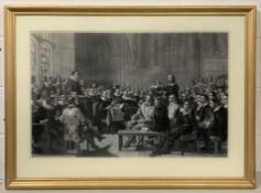 The Trial of King Charles I, engraving laid on board, 21x33ins, mounted, framed and glazed.