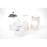 Quantity of cut glass ware, jars and covers, also glass mug with pewter lid