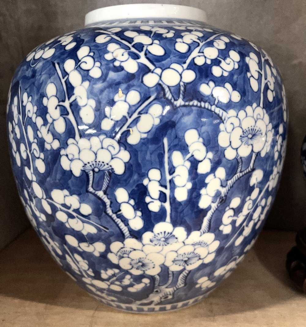 Large Chinese porcelain ginger jar decorated with prunus on a blue ground with four character mark - Image 5 of 9