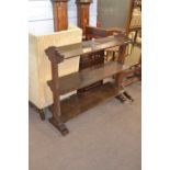 Late 19th Century dark oak three tier shelf or buffet stand with pillared side supports, 118cm wide