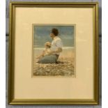 Mary Gundry (British, 20th century), father and child at the coast, watercolour, signed, 8x6.5ins,