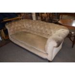 Late 19th/early 20th Century mushroom upholstered Chesterfield sofa, 180cm wide, worn condition