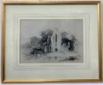 British School, 19th century, monastry ruin in a a landscape, graphite on paper, 8.5x12ins, mounted,