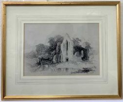 British School, 19th century, monastry ruin in a a landscape, graphite on paper, 8.5x12ins, mounted,