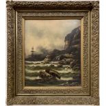 British School, 19th century, seascape with distant ships on a rocky coastline, oil on board,