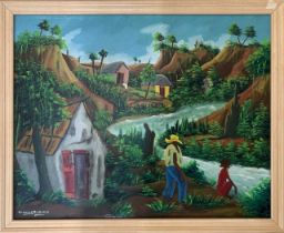 Alexandre Milevoix (Haitian, contemporary), Haitian landscape and figures, oil on board, signed,15.
