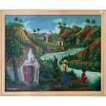Alexandre Milevoix (Haitian, contemporary), Haitian landscape and figures, oil on board, signed,15.