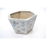 Chinese porcelain hexagonal shaped planter with famille rose designs, 26cm diameter