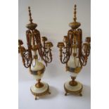 A pair 19th century French gilt metal, alabaster and champlevé enamel candelabra, signed F