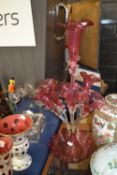 Cranberry glass Epergne with large central stem surrounded by 6 smaller stems - 60 cm high