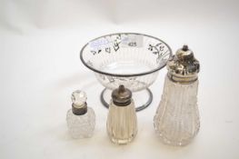Small glass dish with white metal overlay together with a small scent bottle with silver collar, and