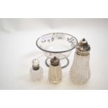 Small glass dish with white metal overlay together with a small scent bottle with silver collar, and