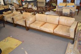 Mid 20th Century Scandinavian style hardwood framed and faded leather upholstered four piece suite