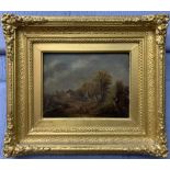 British School, 19th century, rural landscape with staffage, oil on canvas,6.5x8.5ins, gilt framed.