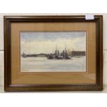 British School, 20th century, shipping port scene, watercolour, mounted, 7x12ins, framed and