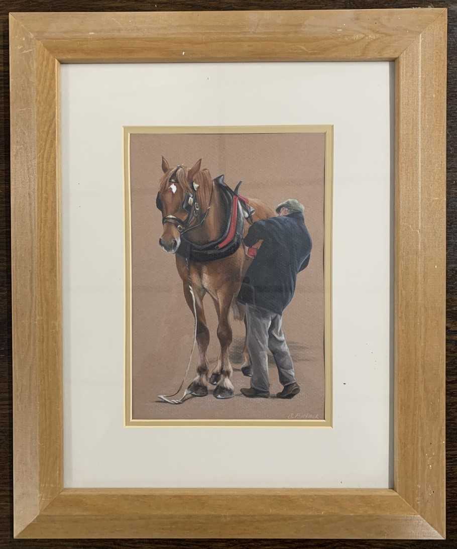 Sarah Pyefinch (British, contemporary), Suffolk punch and handler, goucache, 9x6ins, mounted, framed