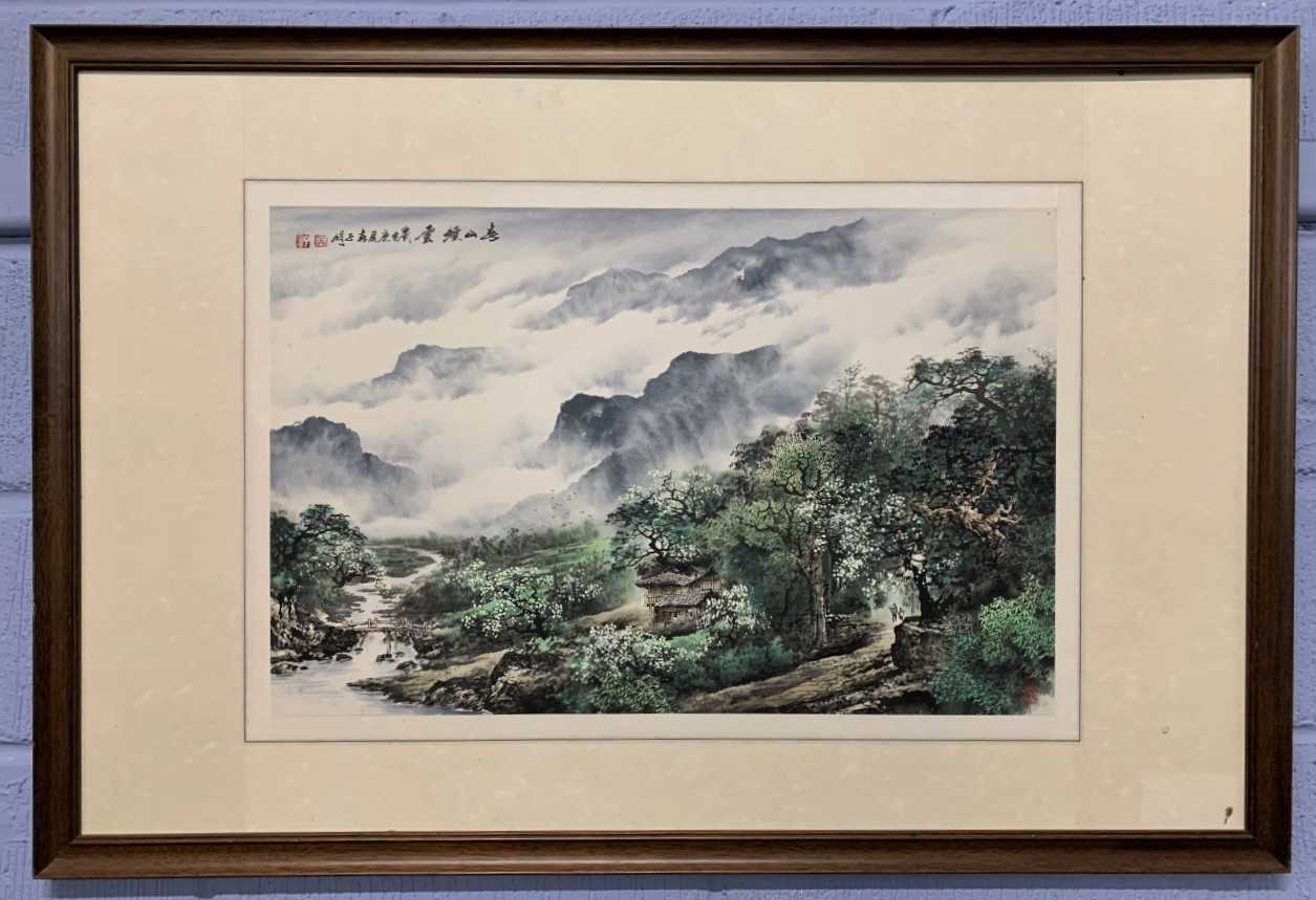 Wu Ziming (Chinese, 20th century) chinese landscape with mountainous ranges in the distance,