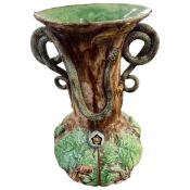 Maiolica palissey type vase, the green ground with floral decoration and frogs with snake like