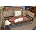 Adam style large faded mahogany bergere sofa requiring some restoration, 190cm wide