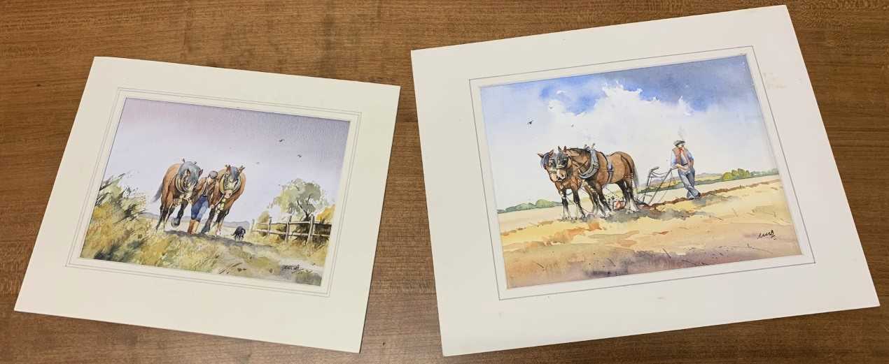 Maurice J.Bush (Dutch, 20th century) a pair of shire horse / ploughing scenes, watercolours and ink,