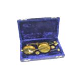 Cased set of chemist brass beam scales and weights
