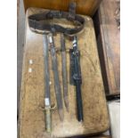 A grouped lot - A French rifle bayonet, two further bayonets, a truncheon and a lether belt (5)