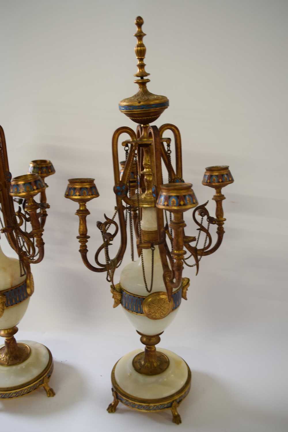 A pair 19th century French gilt metal, alabaster and champlevé enamel candelabra, signed F - Image 2 of 2