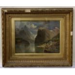 Continental School, Norwegian fjord, oil on board, 8x11ins, gilt framed, glazed.