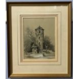 Continental tower with figures, graphite heightened with white,9.25x7ins, indistinctly signed,