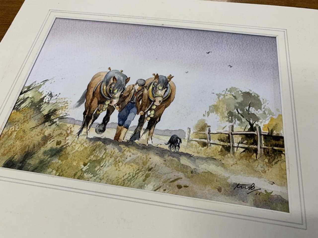 Maurice J.Bush (Dutch, 20th century) a pair of shire horse / ploughing scenes, watercolours and ink, - Image 3 of 3
