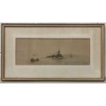 Albert Ernest Markes (British, 1865-1901), estuary shipping scene, watercolour, signed, 7x20ins,