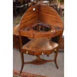 19th Century mahogany corner wash stand with galleried back and three apertures fitted with a single