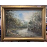British School, 20th century, riverside landscape scene, oil on board, 11x15ins, gilt framed.